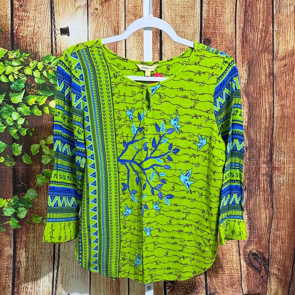 Global Desi Lime Green and Blue Printed Tunic Blouse